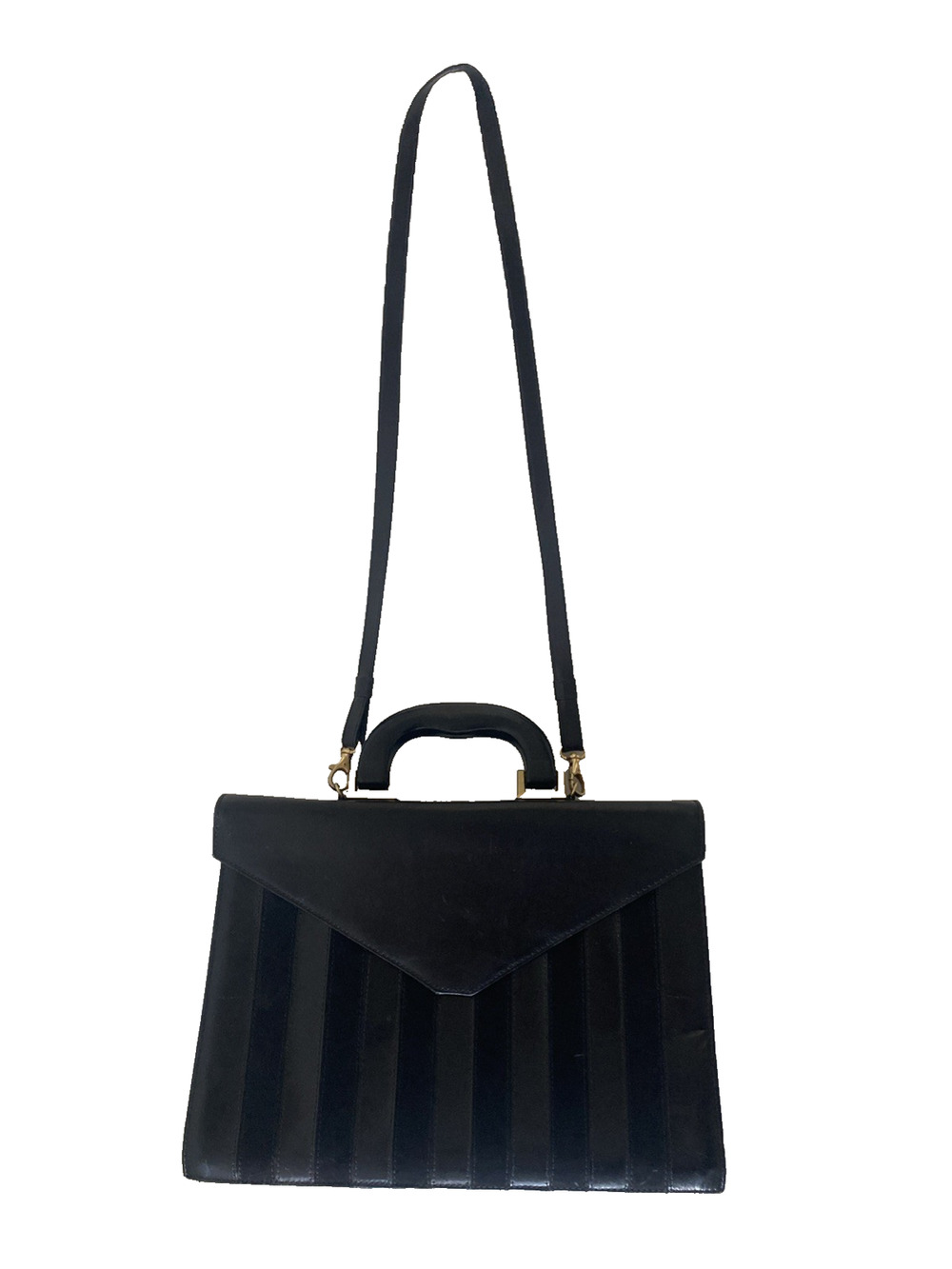 Guy Laroche Bag Handbag Black Flap Shoulder Leather Striped Top Handle Briefcase